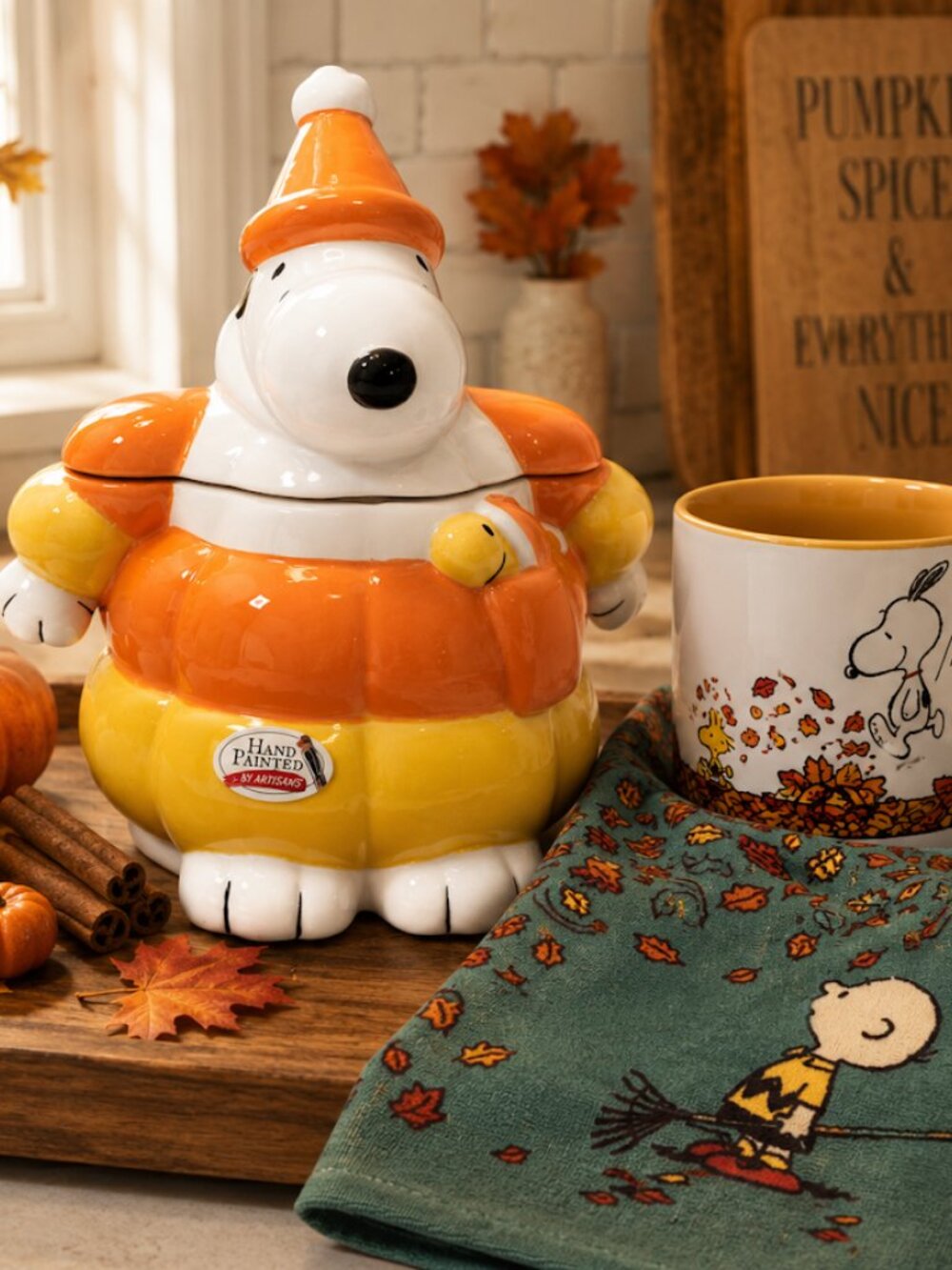 Peanuts Snoopy Puffer Jacket Cookie Jar Candy Corn Canister Woodstock